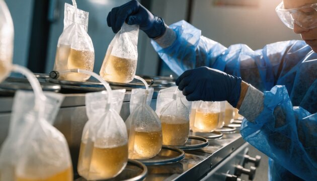 Medium shot capturing emergency preparation on a platelet agitator showcasing a technician handling clear bags on moving trays with blurred background.