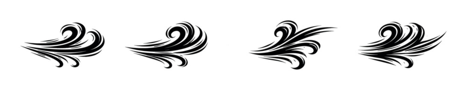 Stylized black wind gusts and swirls on a white background