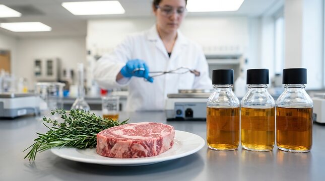A scientist in a lab coat and gloves examines a raw steak with herbs alongside three bottles of amber liquid on a lab bench raw meat beef rosemary thyme laboratory science