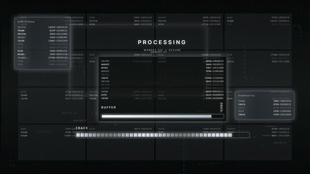 Futuristic HUD Data Processing Interface with Digital Codes
