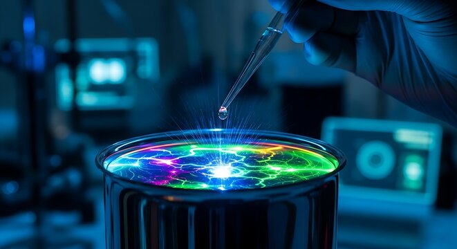 Catalyst for change concept. A professional's hand adds a small 'droplet' to a holographic chemical solution, causing a chain reaction of light.