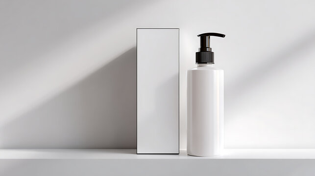 Minimalist white pump bottle and blank retail packaging on a clean shelf with natural sun shadow display creating a serene product showcase mockup