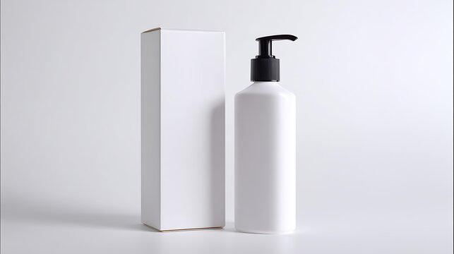 Minimalist white pump bottle and blank box mock-up for beauty, skincare, or cosmetic products on a clean, light background with copy space