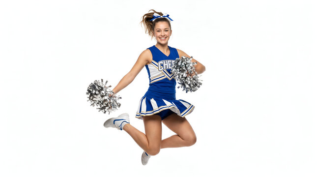 High school cheerleader jumping with silver pom poms