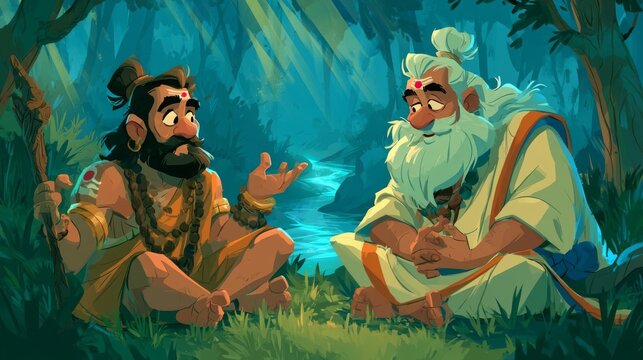 Stylized Illustration of Two Sages Conversing in a Mystical Forest Landscape