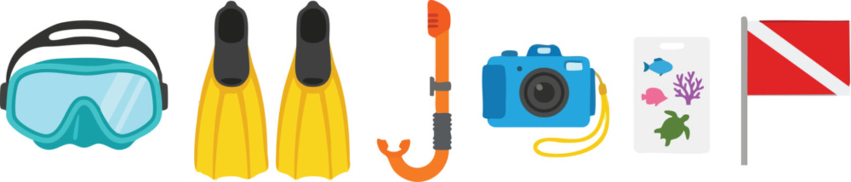 Bright snorkel mask fins camera and diver down flag vector art