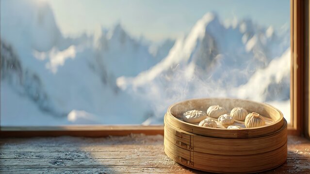 Steaming dumplings by snowy mountain view.