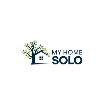 A house integrated with a tree, forming a logo. The text MY HOME SOLO is also present