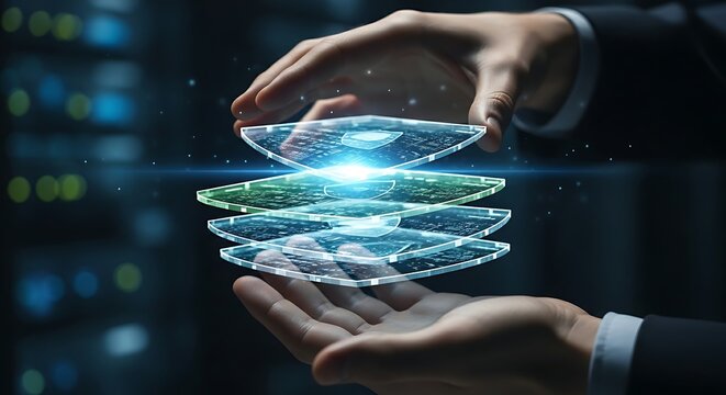 Layered security concept. A security specialist's hands stack three translucent holographic 'shields' on top of each other, representing layered security.