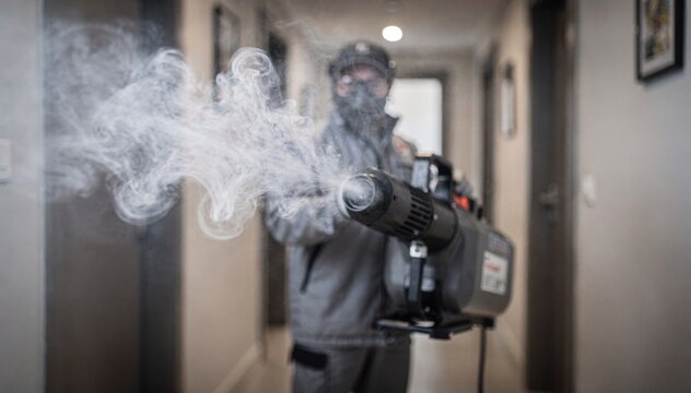 Technician uses thermal fogging machine in apartment hallway main focus on fogger releasing neutralizing smoke odor mist with blurred background interiors.