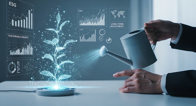 Sustainable growth concept. A professional's hands 'water' a holographic 'plant' that grows slowly and steadily, rather than explosively.