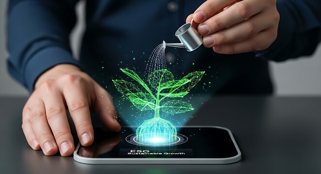 Sustainable growth concept. A professional's hands 'water' a holographic 'plant' that grows slowly and steadily, rather than explosively.