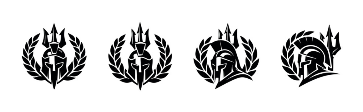 Ancient Greek warrior helmet with laurel wreath and trident emblem