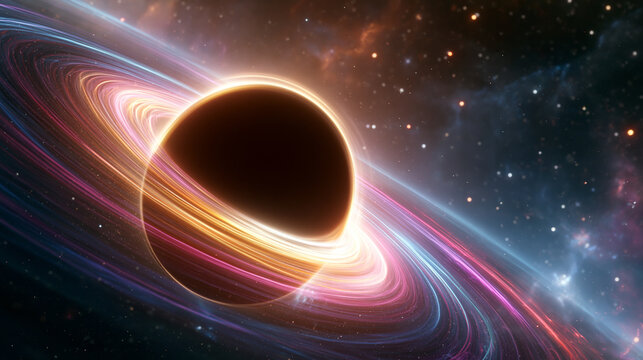 Glowing Black Hole with Colorful Accretion Disk in Deep Space Galaxy