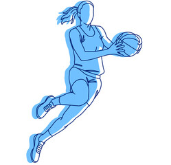 A female basketball player jumping agilely with the ball, sketch line illustration with blue shadow © SasubuArt