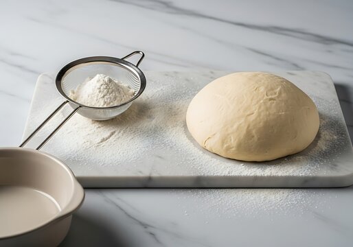 A fresh ball of dough sitting on a white marble board with a flour sifter and scattered all purpose flour for baking homemade bread in the kitchen