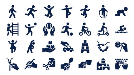 Naklejka premium Collection of playful icons representing childhood activities like sports games and crafts, symbolizing fun and development