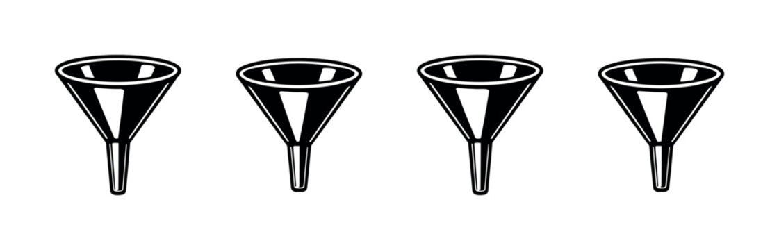 Four black funnels arranged in a row on a white background