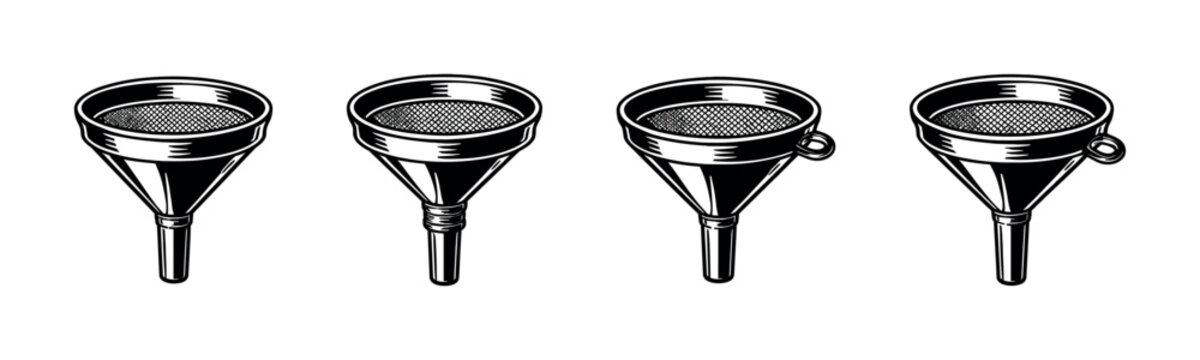 Collection of four vintage-style funnels with mesh strainers and hanging loops
