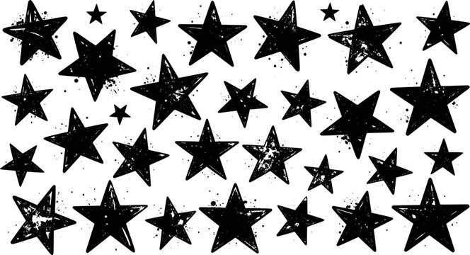 grunge black stars set, textured hand drawn star icons with rough paint splatter effect
