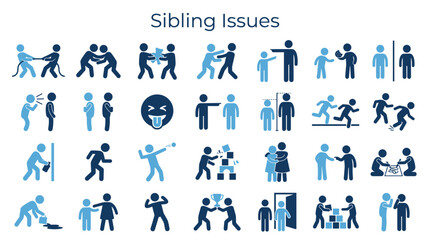 Fototapeta premium Sibling Issues Collection of Icons Illustrating Conflicts Arguments Fights and Competition Between Brothers and Sisters Showing Family Dynamics and Relationships