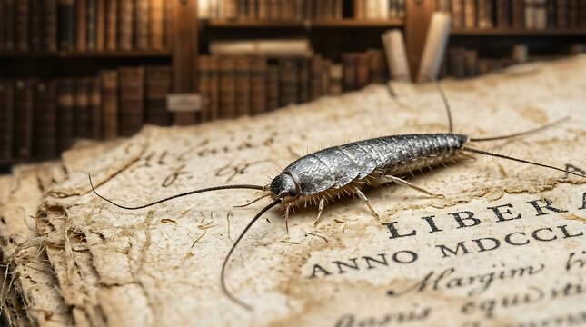 Silverfish on old parchment book, symbolizing decay and time in a vintage library setting