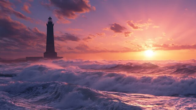Lighthouse standing tall during sunset.