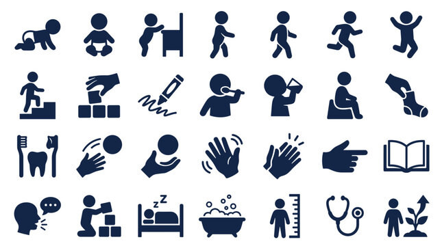 Collection of icons representing child development stages milestones and daily activities like learning playing hygiene and health care for educational or informational purposes