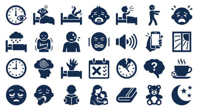 Collection of icons representing sleep problems stress anxiety and mental health issues with clocks and crying faces suggesting insomnia and fatigue