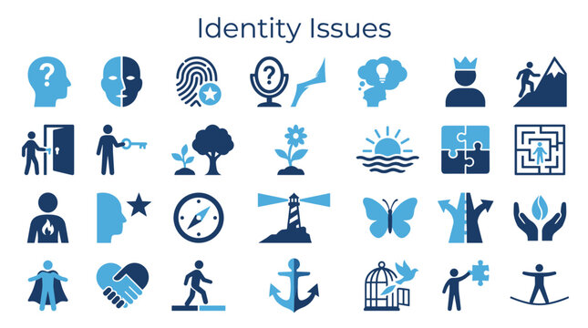 Collection of icons representing identity issues and self discovery concepts like personality, self image, mental health, choices, and personal growth