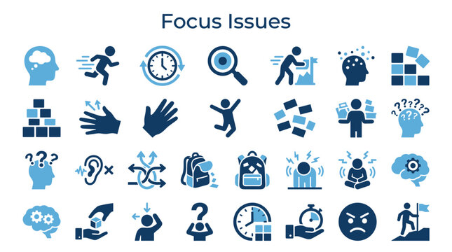 Collection of blue icons representing focus issues, mental challenges, and problem solving concepts with a clean white background