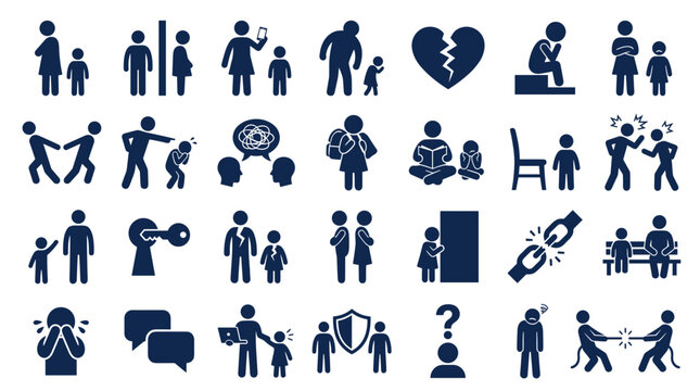 Collection of icons depicting social issues family problems bullying and emotional distress in a modern pictogram style