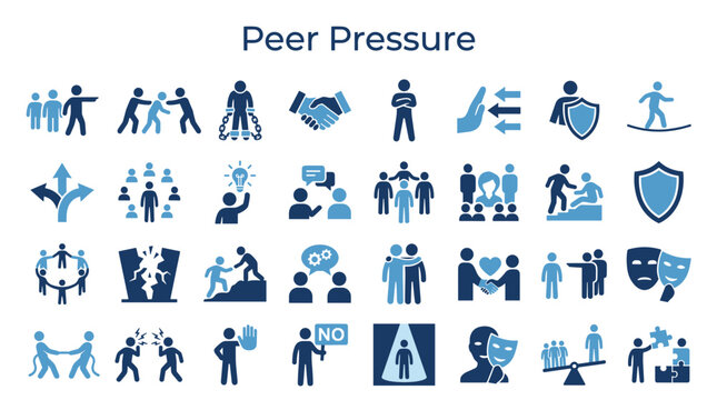 Collection of icons representing peer pressure concepts including conformity, influence, social groups, and decision making