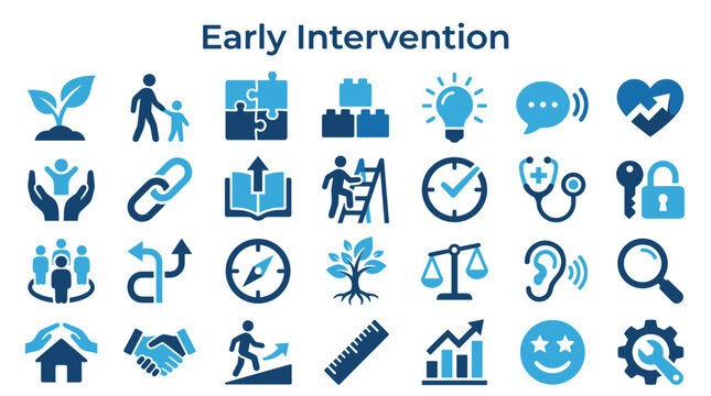 Early intervention icons representing child development, support, growth, learning, health, and community services for early childhood education and care