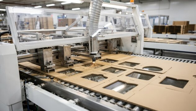 Medium shot of precise cutting machines creating window cutouts on foodgrade cartons highlighting modern packaging technology in a hygienic factory setting.
