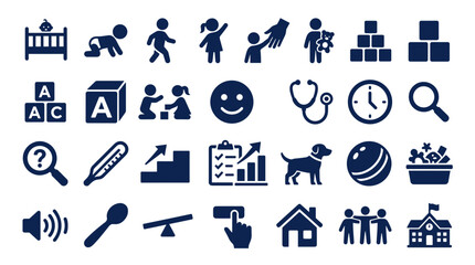 Fototapeta premium Collection of diverse childcare and early education icons representing development growth learning and wellbeing for children and families