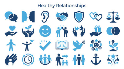 Fototapeta premium Healthy relationships and connections icons set symbolizing trust communication support growth and community bonds in blue and white