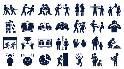 Fototapeta premium Collection of icons depicting childhood challenges bullying conflict resolution and emotional states symbolizing social issues and mental health concerns