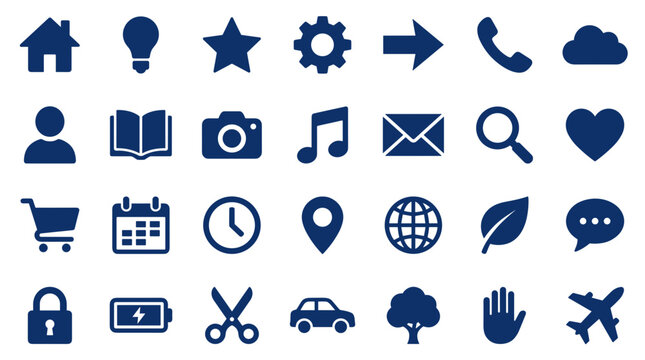 Collection of modern flat design icons in deep blue for web and mobile applications representing various concepts and services