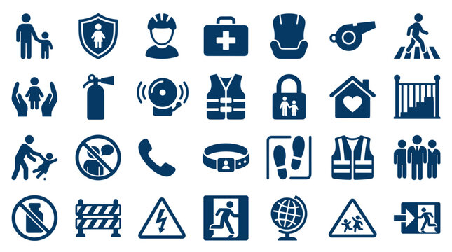 Collection of safety and security icons representing child protection, emergency preparedness, and workplace safety measures
