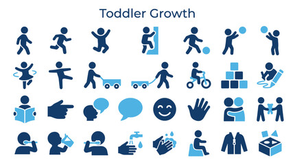 Fototapeta premium Toddler Growth Milestones Icons Set Showing Development Stages Childhood Activities Learning and Daily Routines Blue and White Color Scheme