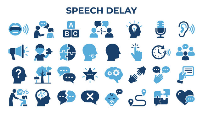 Speech Delay Icons and Symbols Set Illustrating Communication Challenges and Development Milestones Visual Representation of Speech Therapy Concepts