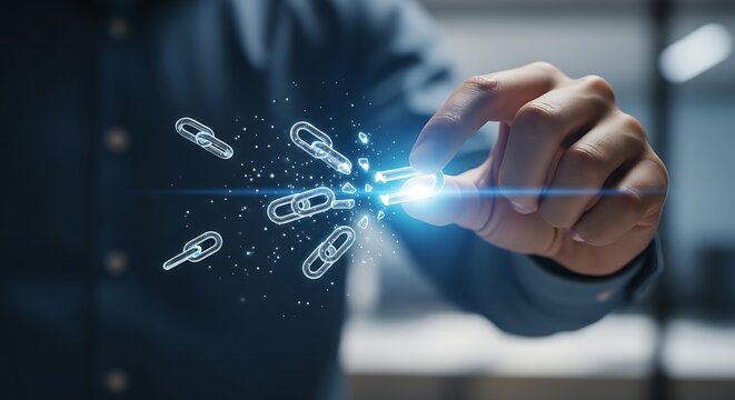 Breaking the status quo. An innovator's hand breaks a single link in a holographic 'chain', freeing the others, symbolizing breaking old patterns.