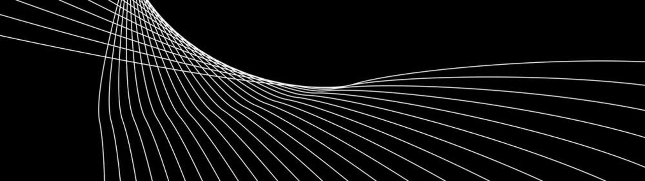 Abstract background with waves for banner. Medium banner size. Vector background with lines. Element for design isolated on black. Black and white. Brochure, booklet