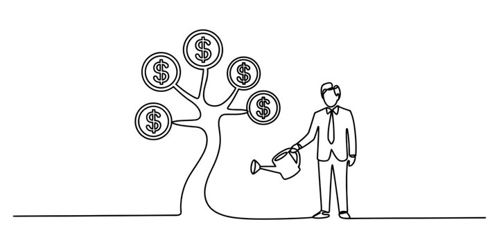 Businessman watering a money tree with dollar coins