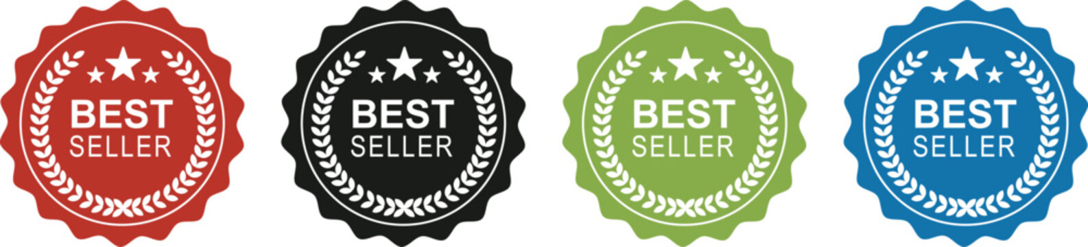 collection of best selling product badges in various colors with laurel wreaths. collection of best selling labels. Isolated best-selling badge logos. Vector illustration.