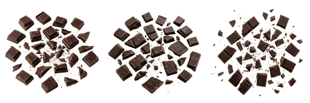 Set and collection of large heap of dark chocolate chunks and cubes isolated on white background