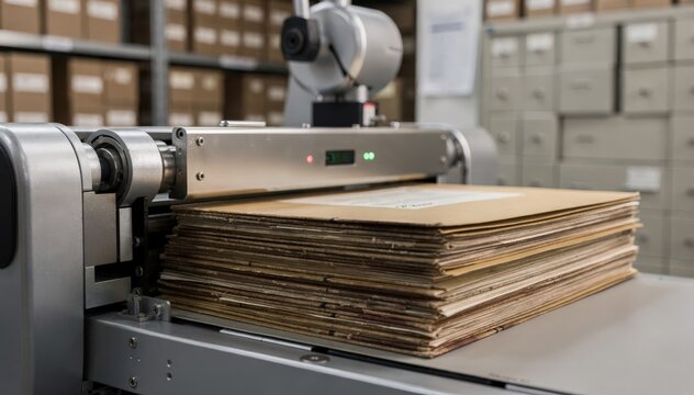 Robotic document scanner processing a neat pile of vintage case folders crisp focus on feeders gripping clamp archive room subtly out of focus.