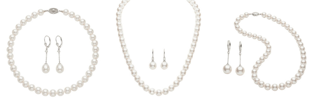 Set and collection of elegant single strand white pearl necklace isolated on white background