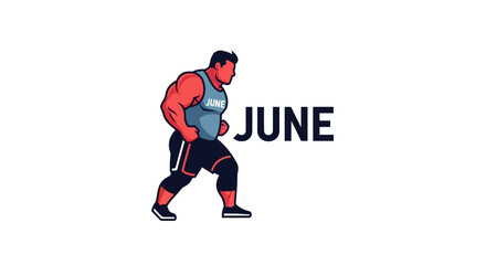 Fototapeta premium Bodybuilder walking next to June calendar month text